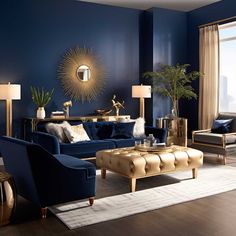 a living room with blue walls and gold accents