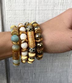 Faceted Gemstone Gold Ruffle Washer Chunky Bracelet | Amazonite Bracelet | Turquoise Bracelet | Pyrite Bracelet | Dalmatian Jasper Bracelet by GildedBug on Etsy Chunky Bracelets Beads, Chunky Beaded Bracelets, Edgy Boho, Pyrite Bracelet, Bracelets Beads, Amazonite Bracelet, Easy Jewelry, Bohemian Bracelet, Chunky Bracelet