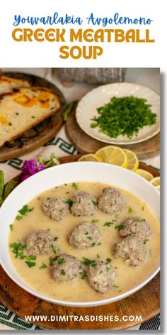 greek meatball soup in a white bowl