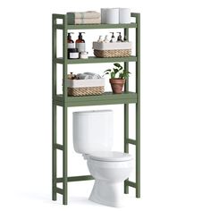 a bathroom shelving unit with toilet and plants