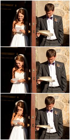 a man in a suit and tie reading a book next to a woman in a white dress