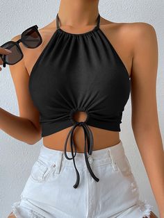 Black Sexy Collar  Polyester Plain Halter Embellished Medium Stretch Summer Women Tops, Blouses & Tee