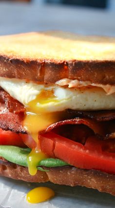 an egg, bacon and tomato sandwich on toasted bread with mustard drizzled over it