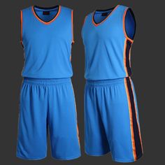 a blue basketball uniform with an orange stripe on the front and side panels that match