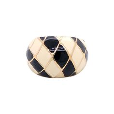 Stunning vintage enamel large dome ring by MAZ. The ring is beautifully crafted in 14K yellow gold and features black and white diamond shapes enameled in a checkers design. This dome ring measures 14.9mm wide. The ring is stamped "14K" and Hallmarked "MAZ" on the inside. This is a rare ring that would make a great addition to any collection and everyday use. This is a vintage ring in good condition. The enamel on the sides of the ring has some slight discoloration. The Ring is size 6.5 and can Formal Yellow Gold Black Enamel Ring, Elegant 14k Gold Black Enamel Ring, Vintage Yellow Gold Enamel Rings, Vintage Yellow Gold Rings With Black Enamel, Black Vintage Enamel Ring, Antique Jewelry Rings, Dome Ring, Enamel Ring, Domed Ring