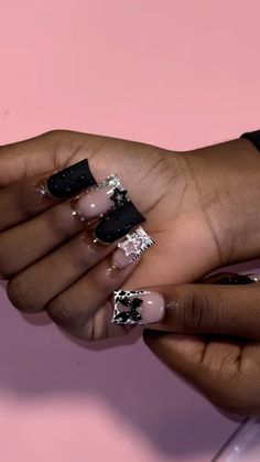 Black Bedazzled Nails, Black Acrylic With Rhinestones, Hoco Nails Black, Blinged Out Duck Nails, Blinged Out Black Nails, Black Hoco Nails, Nails With Charms Y2k Black, Bedazzled Nails, Hoco Nails