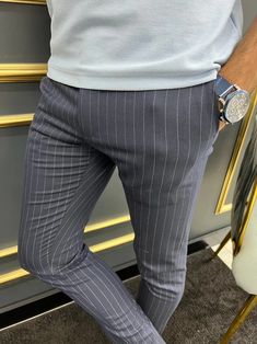 Bojoni Uluwatu Slim Fit Dark Blue Striped Trouser | VICLAN Slim Fit Bottoms For Business Casual Summer, Slim Fit Bottoms For Summer Business Casual, Summer Business Casual Slim Fit Bottoms, Blue Slim Fit Casual Pants, Casual Blue Slim Fit Pants, Casual Slim Fit Blue Bottoms, Fitted Ankle-length Bottoms For Summer, Blue Ankle-length Pants For Spring, Blue Ankle-length Bottoms For Spring