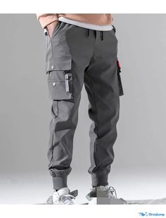 OrcaJump - Mens Gray Black Cargo Pants with Multi-Pocket Waistband, Micro-Elastic Fabric, Full Length for Outdoor Sports, Casual Everyday Cargo Pants Outfit Men, Celana Kargo, Japanese Pants, Men's Cargo Pants, Pants Outfit Men, Cargo Pants Outfit, Solid Color Pants, Pants Elastic Waist, Black Cargo Pants