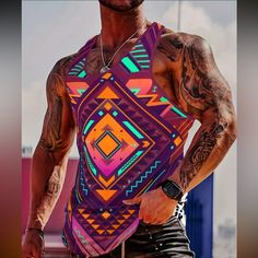 Comfy Breathable Geometric Print Tank Top, Men's Casual Stretch Sleeveless T-Shirt For Summer Summer Gym, Training Fitness Gym, Male Clothes, Running Tank Tops, Tie Dye Tank Top, Sleeveless T Shirt, Print Tank Top, Sport Tank Tops, Sleeveless Tshirt