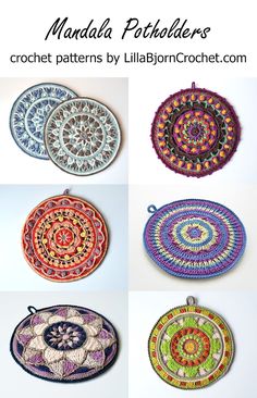 four circular crochet coasters are shown in different colors and sizes, with the text