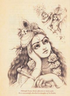 a pencil drawing of a woman with flowers on her head