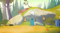 a cartoon scene with a blue house in the woods