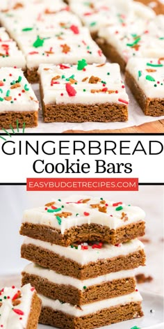 gingerbread cookie bars with white frosting and sprinkles stacked on top