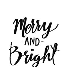 merry and bright hand lettering on white paper with black ink, in the shape of an arrow