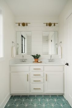 a bathroom with two sinks, mirrors and a potted plant on the counter top