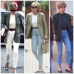 four different pictures of women wearing jeans and jackets, one in white pants and the other in light blue