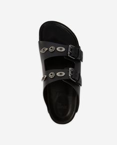 Black leather sandals | The Kooples - US Black Leather Flats, Leather Sandals Flat, Black Leather Sandals, The Kooples, Off Black, Modern Outfits, Leather Flats, Rivets, Harrods