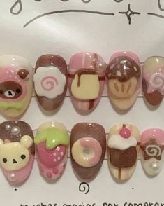 cute nails aesthetic gyaru pink dark colors pretty Pink Juminocore, Neapolitan Nails, Neopolitan Nails, Gloomy Bear Nails, Strawberry Nails Short, Domo Nails, Cute Nails Aesthetic, Rilakkuma Nails, Sanrio Nail Art