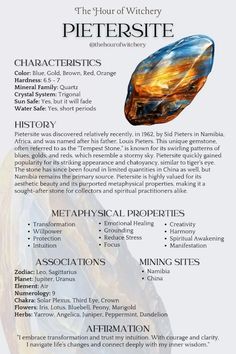 spiritual | crystals | pietersite Pietersite Crystal Meaning, Pietersite Meaning, Grimoire Notes, Spiritual Coaching, Spell Jars, Witchcraft Spell Books