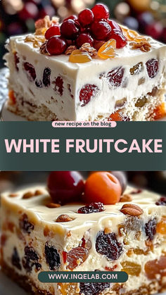 white fruit cake with cranberries, cherries and nuts on top is shown