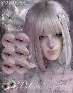 an image of a woman with white hair and butterflies on her face