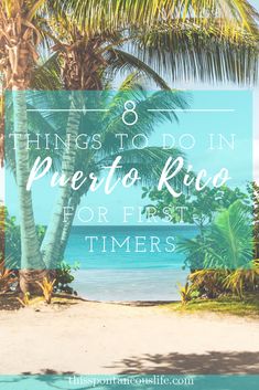 the beach and palm trees with text overlay that reads 8 things to do in puerto rico for first timers