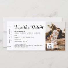 an image of a couple on their wedding day with the save the date ticket card