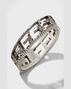 Gucci ring with square G cutout motif. Textured finish along edges. Engraved Arabesque pattern. Aged sterling silver. Approx. 0.2"W (6mm). Gucci Ring, Cube Necklace, Arabesque Pattern, Gucci Jewelry, Sterling Pendant, Linking Rings, Enamel Bracelet, Enamel Ring, Latest Jewellery