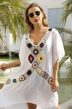 V-neck Beachwear Cover-up For Day Out, V-neck Summer Cover-up For Spring, Casual Multicolor V-neck Cover-up, Bohemian White V-neck Cover-up, Casual V-neck Cover-up For Day Out, Chic Multicolor V-neck Cover-up, Chic White V-neck Cover-up, White V-neck Beach Top, White V-neck Beach Cover-up