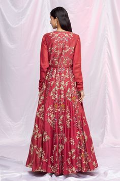 Red kalidar kurta with heavy floral embroidered motifs and front button detailing. Paired with jacket and dupatta.
Components:3
Pattern:Embroidered
Type of Work:Floral motifs
Neckline:Kurta: Round, Jacket: Open
Sleeve Length:Kurta: Long sleeves, Jacket: Sleeves
Fabric:Chanderi Silk,organza
Color:Red
Other Details:
Sheer dupatta
Embroidered hem
Sequin detailing on waistband
Embellished buttons
Occasion:Destination Wedding - Aza Fashions Sheer Dupatta, Embellished Buttons, Jacket Sleeves, Embroidered Hem, Embroidered Motifs, Silk Kurta, Open Sleeve, Silk Organza, Floral Motifs