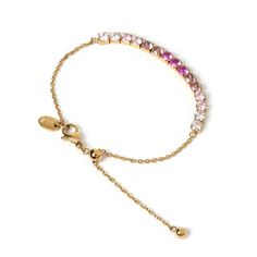 Creating arm candy can be easy with our stunning new Zalia Bracelet. With the most beautiful array of ombre-coloured stones and an easy and adjustable pull chain close to fit all, this style is versatile, functional and ready to level up your look on every occasion!  18k Gold Plated (1 Micron Thick) Coloured Zircon Stones E-coating for a premium finish Lead & Nickel Free Adjustable to fit most CARING FOR YOUR AOE JEWELS  At Arms Of Eve, we take great pride in the quality of all our jewels. All o Pink Adjustable Bracelet Jewelry, Adjustable Pink Chain Bracelet, Dainty Pink Bracelets With Adjustable Chain, Dainty Pink Bracelet With Adjustable Chain, Pink Dainty Bracelet With Adjustable Chain, Elegant Pink Chain Bracelet With Adjustable Chain, Elegant Adjustable Pink Chain Bracelet, Pink Adjustable Chain Bracelet For Party, Elegant Pink Adjustable Chain Bracelet