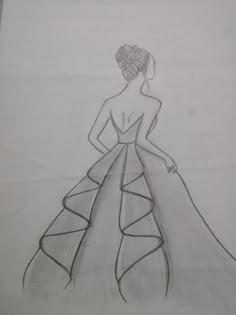 a drawing of a woman in a dress with her back to the camera, looking down