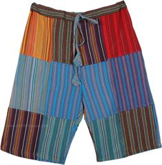 These hand-loomed cotton bermuda shorts are a bright addition to a casual summer wardrobe and are extremely comfortable in the summer heat. The drawstring adds to the ease of wear, comfort and flexibility. These shorts have a large wallet pocket at the back and two inner pockets on the sides. Casual Patchwork Knee-length Bottoms, Casual Knee-length Patchwork Bottoms, Blue Cotton Knee-length Bermuda Shorts, Blue Knee-length Cotton Bermuda Shorts, Blue Knee-length Cotton Shorts, Cotton Knee-length Beach Bottoms, Knee-length Cotton Bottoms For Beach, Knee-length Cotton Beach Bottoms, Multicolor Relaxed Fit Cotton Bottoms