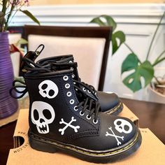 Dr. Martens 1460 Skull & Bones Leather Lace Up Boots Size 7 Toddler Color: Black & White Inner Ankle Zip For Easy-On, Easy-Off Access Hydro Is A Smooth Pu-Coated Leather With A Matte Finish Brand New In Box Skull Shoes, Skull Bones, Shoe Ideas, Leather Lace Up Boots, Skull And Bones, Leather Lace, Lace Up Boots, Leather And Lace, Kid Shoes