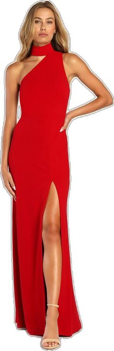 Red Fitted Dress With Side Slits, Fitted Red Dress With Side Slits, Red Asymmetrical Prom Dress, Red Fitted Asymmetrical Dress, Column Skirt, Lulu Fashion, Cutout Maxi Dress, Halter Maxi Dress, Halter Maxi