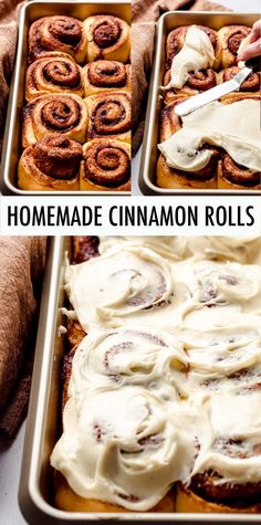 homemade cinnamon rolls in baking pans with icing on top and the recipe below