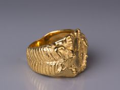 Etruscan style ring - Heavy solid 14kt gold ring. This ring is inspired by ancient Etruscan jewelry and shows 2 strange lions on both sides, the centre signet shows the figure of Minerva, (Roman, Etruscan goddess Menrva) the goddess of wisdom, art, war and medicine, holding an owl, symbol of wisdom. This ring was hand carved in wax and casted in 14kt gold and was hand polished. The ring is made to order according to your ring size and it may take up to two weeks to produce. Size and details: The Ancient Style Collectible Yellow Gold Rings, Minerva Goddess, Gold Ring Men, Owl Symbol, Wisdom Art, Etruscan Jewelry, Witch Rings, Mushroom Ring, Antique Style Rings