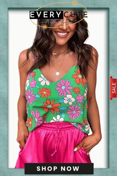 Adjustable Spaghetti Straps Floral Print Tank Top Green V-neck Summer Camisole, Green Casual Camisole For Vacation, Casual Green Camisole For Vacation, Green Camisole For Beach In Spring, Casual Green Camisole With Spaghetti Straps, Casual Printed Beach Camisole, Casual Printed Camisole For The Beach, Casual Printed Camisole For Vacation, Green Spring Vacation Camisole