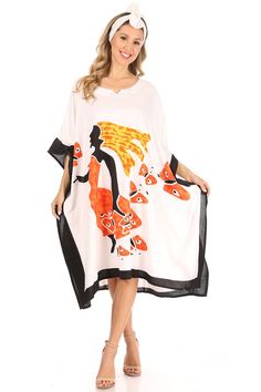 Trina, the perfect loose caftan poncho dress to wear in warm weather. This lovely garment features a pull over closure, loose relax bodice, short sleeves, African print, comes with matching scarf. Made with super light material. White Oversized Printed Dress, Oversized Black Summer Poncho, White Tunic Kaftan For Vacation, White Tunic Kaftan For Beach Season, White Short Sleeve Kimono For Vacation, Black One Size Poncho For Beach, Black One Size Beach Poncho, Black Beach Poncho One Size, Oversized Loose Dress For Vacation