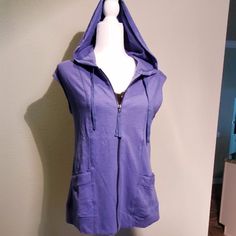 Never Worn. Like New. 100% Cotton, Sleeveless Zip Up Hoodie / Vest. Lace Detail On Pockets & Princess Seaming For A More Fitted Look. Casual Stretch Sleeveless Outerwear, Casual Fitted Purple Vest, Fitted Casual Purple Vest, Pocket Princess, Hoodie Vest, Hooded Vest, Princess Seam, Zip Up Hoodie, Lace Detail