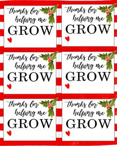 four red and white christmas tags with the words thank you for helping me grow