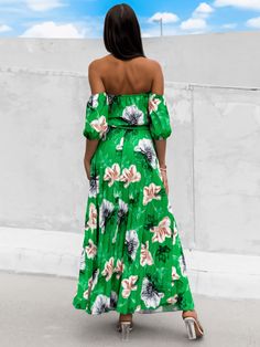 Get ready to turn heads in our Rosalie Off The Shoulder Plisse Maxi Dress! This stunning dress features an off the shoulder design and delicate plisse fabric for a feminine touch. Perfect for any occasion, this dress will keep you looking stylish and feeling confident all day (and night) long. Size Guide: Model is 5’8” tall, and has a 33.7” bust, 24.4” waist, & 35.6” hips. She is wearing a S / US 4 / AU 8. This dress is true to size. Material: 100% Polyester. Feature: Off-the shoulder. Floral print. Short Puff Sleeves. Waist Tie Belt. Plisse Skirt. Midi length. Relax fit. Not lined. Care Instructions: Machine wash / Cold hand wash New Years Eve Dresses, Eve Dresses, Long Bodycon Dress, Short Sleeve Maxi Dresses, Printed Dresses, Christmas Party Dress, Midi Short Sleeve Dress, Loose Outfit, Maxi Dress Green