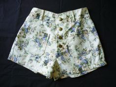 High Waist Shorts Floral Shorts Cream with Blue Cute Fitted Short Length Shorts, Cute Spring Shorts With Pockets, Cute Fitted Shorts, Cute High-waisted Shorts For Spring, Cute Cotton High-waisted Shorts, Cute High-waisted Cotton Shorts, Cute Summer Shorts With Pockets, Vintage Style Jean Shorts For Spring, Cute Fitted High-waist Shorts