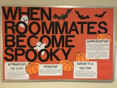 a bulletin board with words and pictures on it that read when roommates become spooky