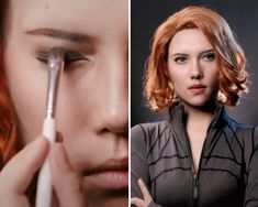 a woman with red hair and makeup brushes her eyes