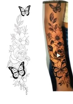 a woman's arm with flowers and butterflies on it, next to an image of the