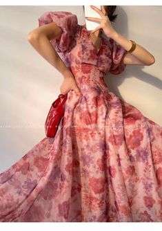 Aconiconi｜Romantic French print luxury handmade haute couture beaded v – ORUMATORU Floral Print Design, Dress Women Elegant, High Waist Dress, Floral Fit, V Neck Midi Dress, Sleeves Clothing, Elegant Dresses Long, Long Sleeve Maxi, Beaded Dress