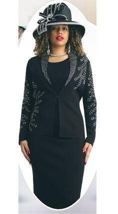 Lily and Taylor 622 3 piece Knit Skirt Suit Colors: Black, Emerald, Mint, Pink, Royal, White Sizes: S (4/6), M (8/10), L (12/14), XL (16/18), XXL (20/22), 3XL (24/26), 4XL (28/30) Matching Hat Available H138 Black H919 Pink H131 Mint