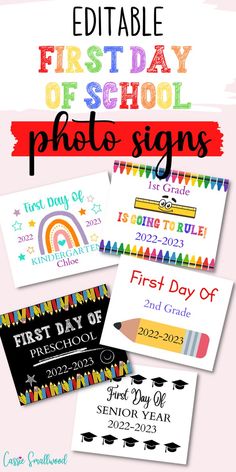 5 different editable first day of school photo signs for kids of all ages. School Pictures Ideas, School Sign Ideas, First Day Preschool Sign, Homeschool First Day, First Day Preschool, 1st Day Of School Pictures, First Day School Sign, Free School Printables