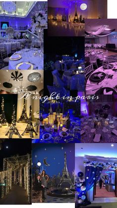 a collage of photos showing different types of tables and chairs at an event with lights on them